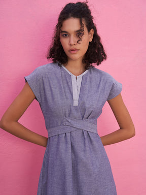 Cross Tie-up Chambray Dress with A-line Silhouette
