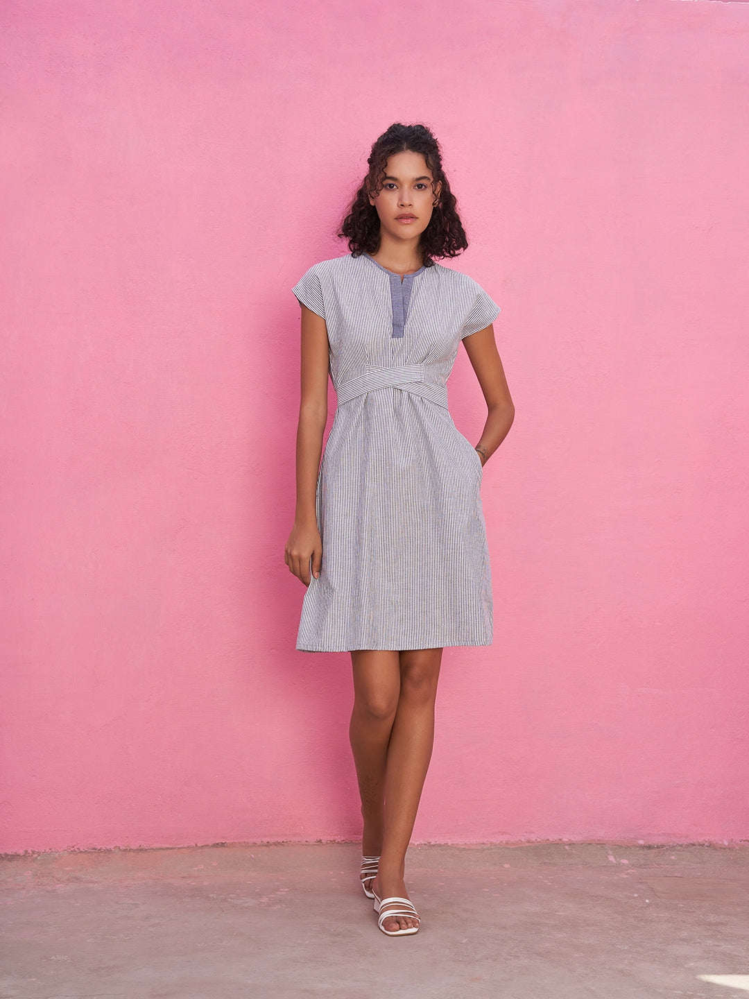 Cross Tie-up Chambray Dress with A-line Silhouette