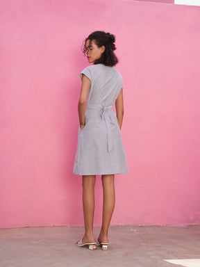 Cross Tie-up Chambray Dress with A-line Silhouette