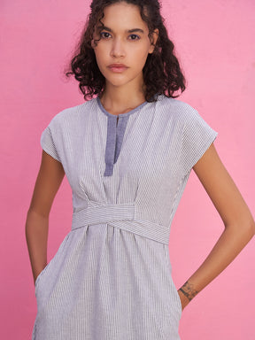 Cross Tie-up Chambray Dress with A-line Silhouette