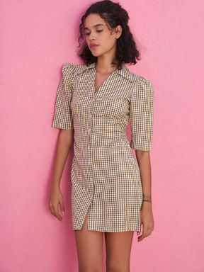 Gingham Checks Dress with Gathered Sleeve