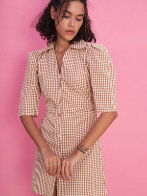 Gingham Checks Dress with Gathered Sleeve