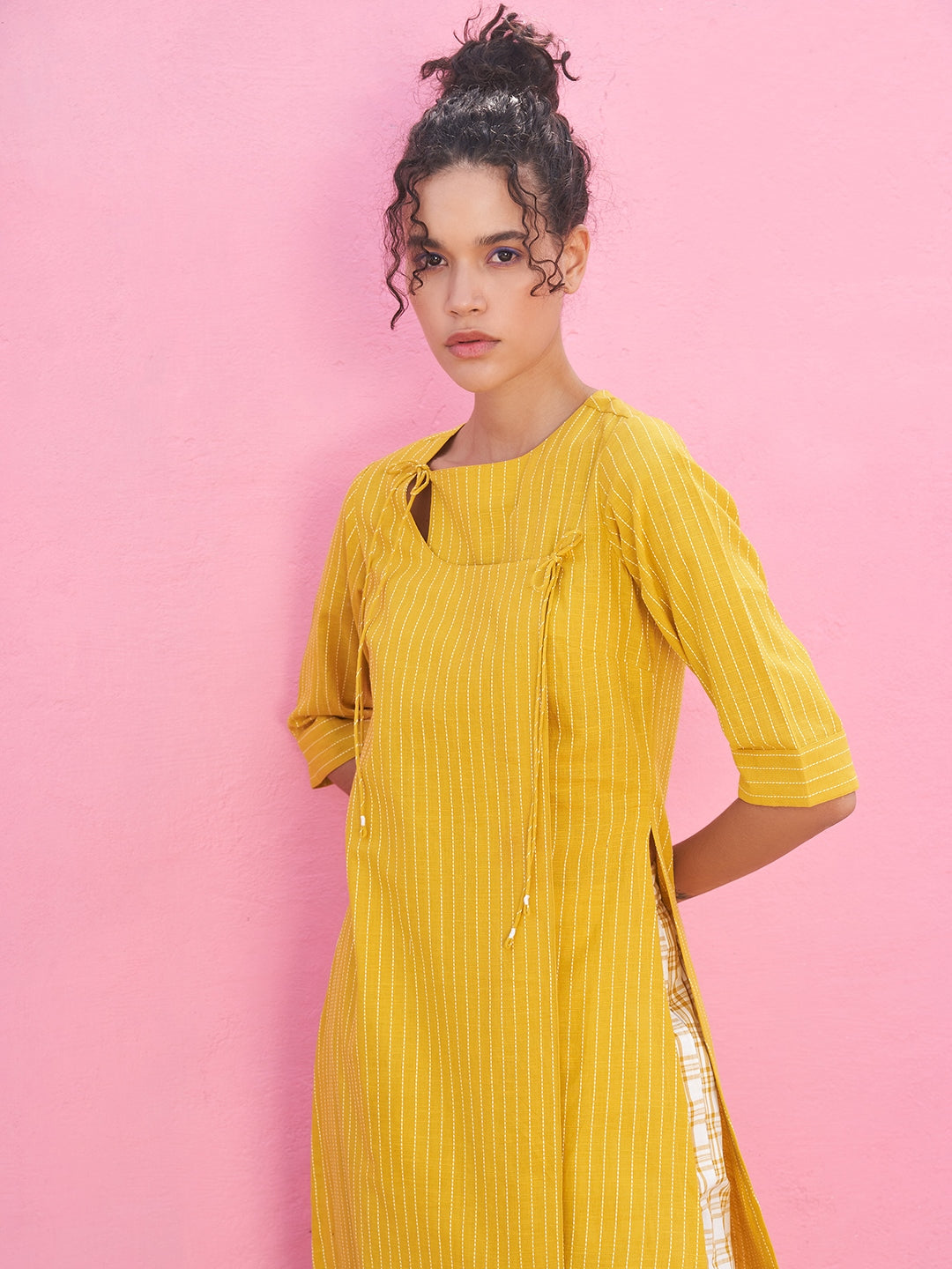 Kantha Stripe Kurta with Keyhole neckline