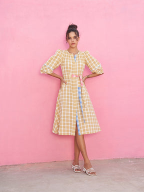 A- Line Plaid Check Dress with Lantern Sleeves