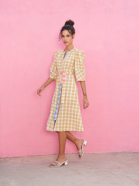 A- Line Plaid Check Dress with Lantern Sleeves