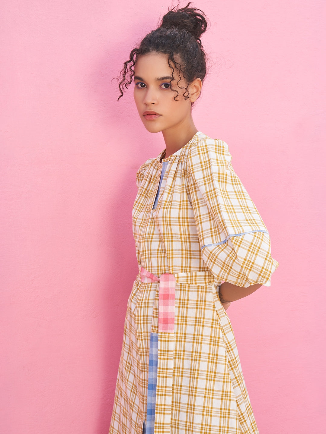 A- Line Plaid Check Dress with Lantern Sleeves