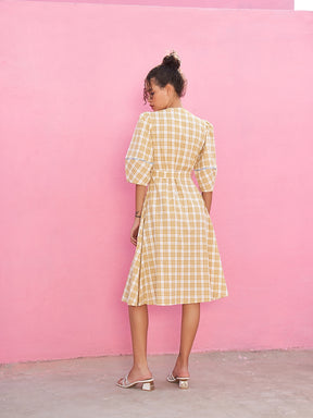 A- Line Plaid Check Dress with Lantern Sleeves