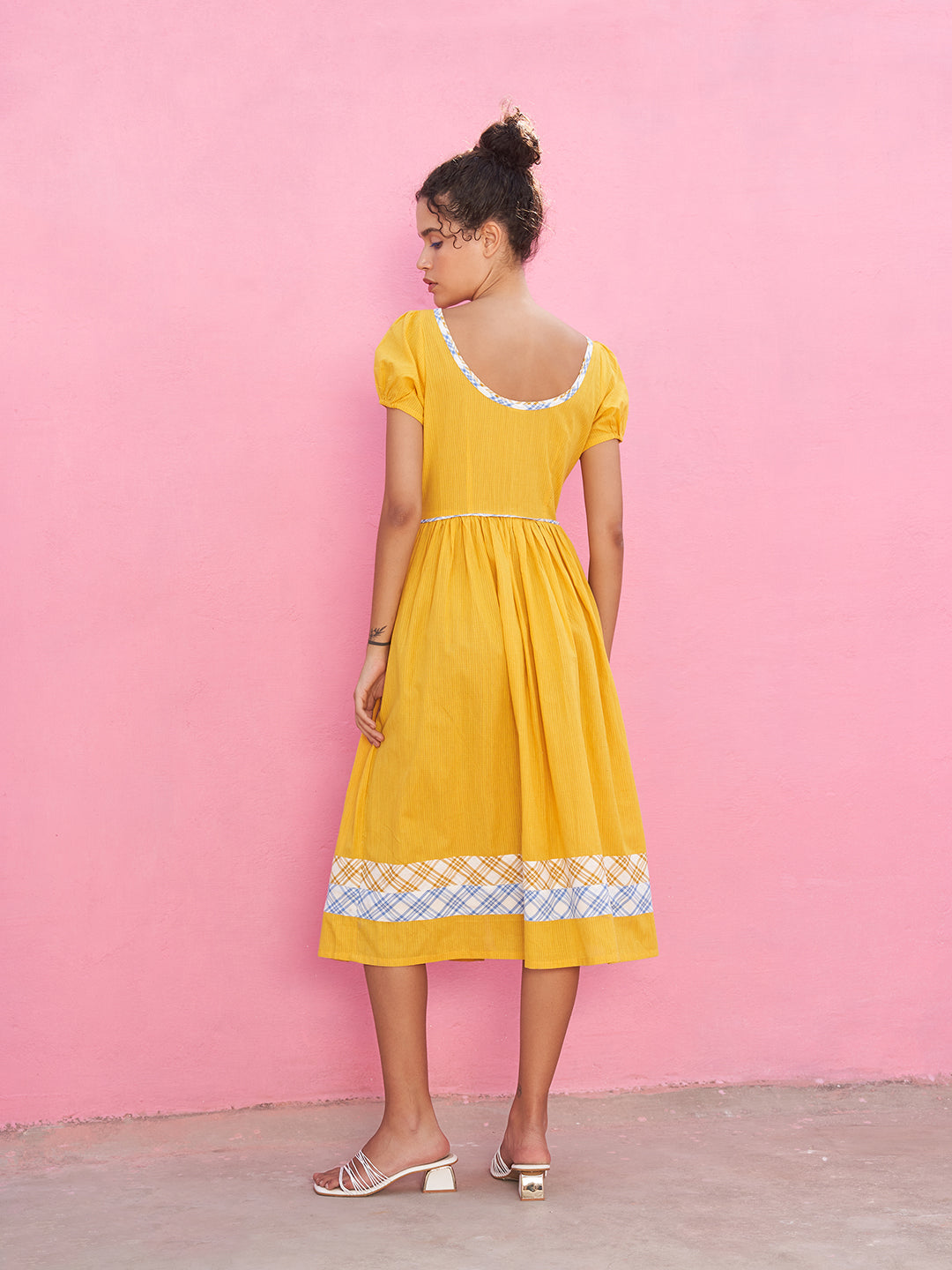 Front Button-up Self Check Dress