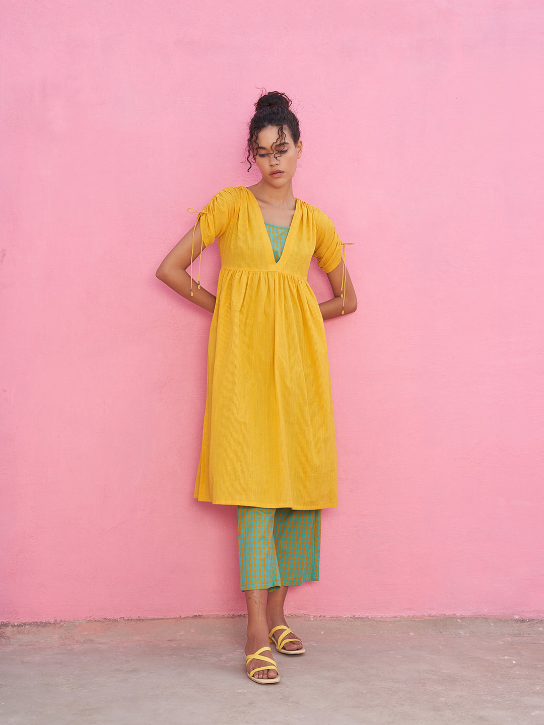 Self Check gathered Kurta with Strappy slip