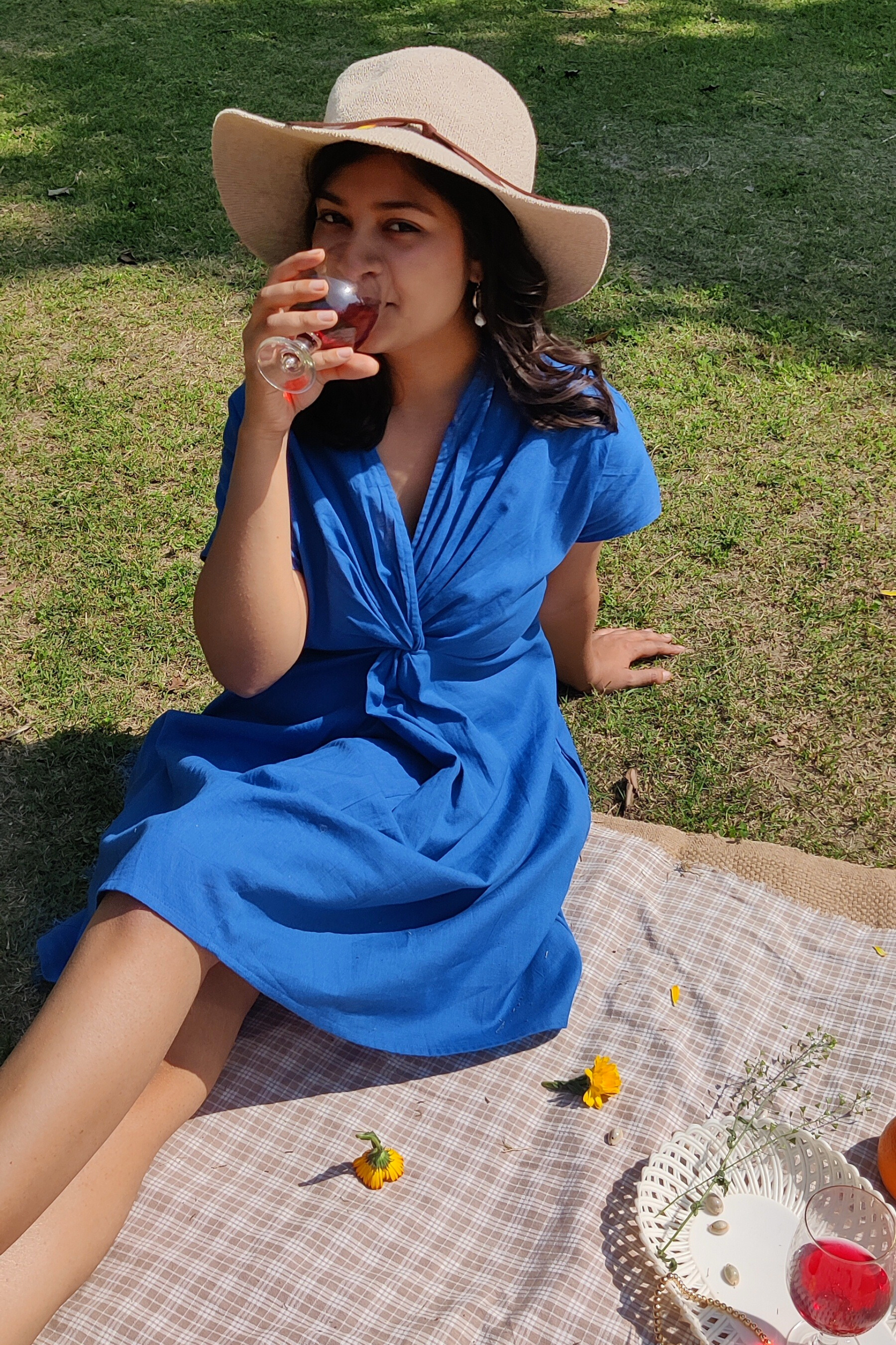 Front knot mini dress-Azure Blue
