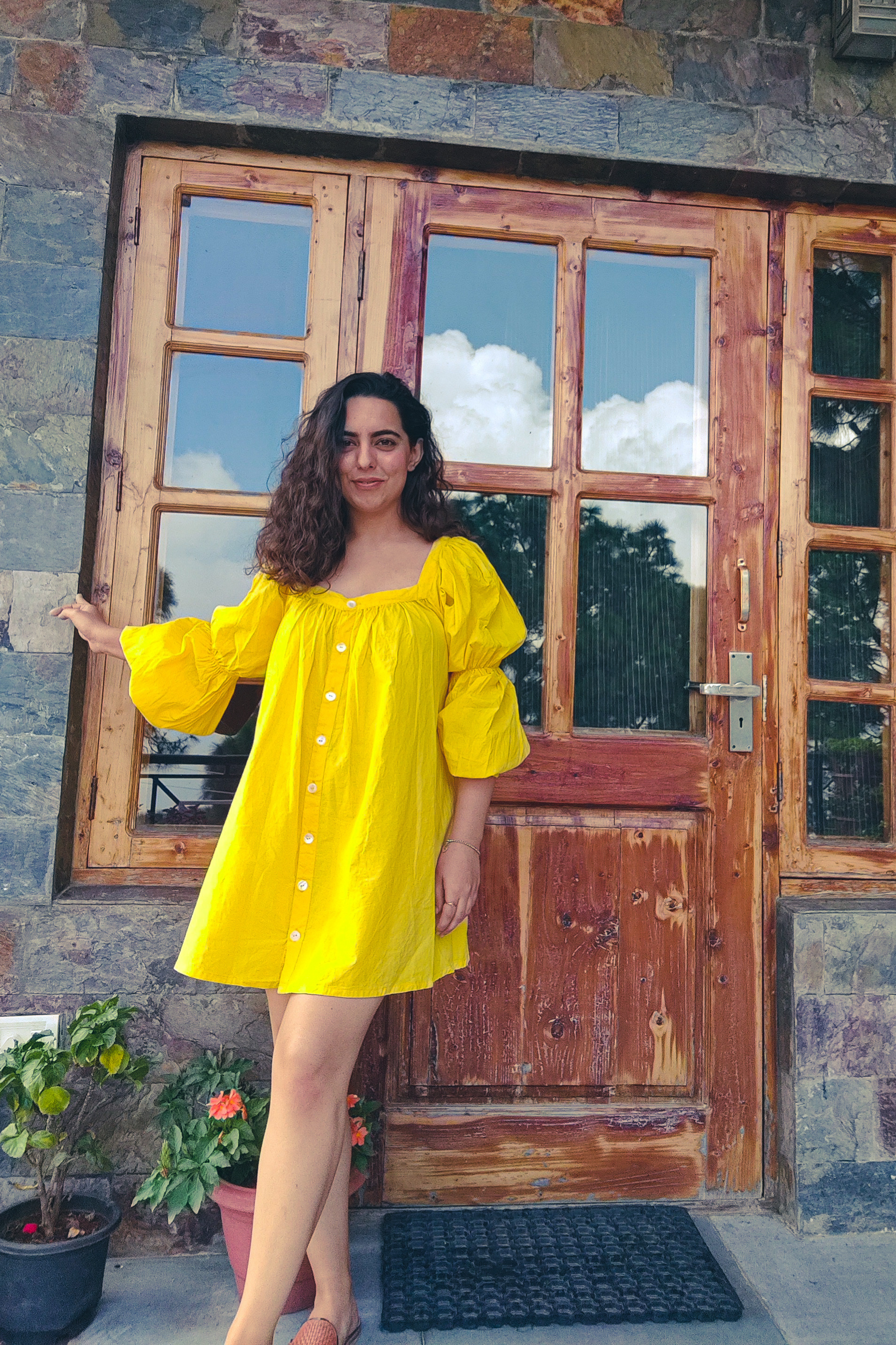 Marie sleeves down mini dress-Sunshine Yellow
