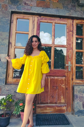 Marie sleeves down mini dress-Sunshine Yellow