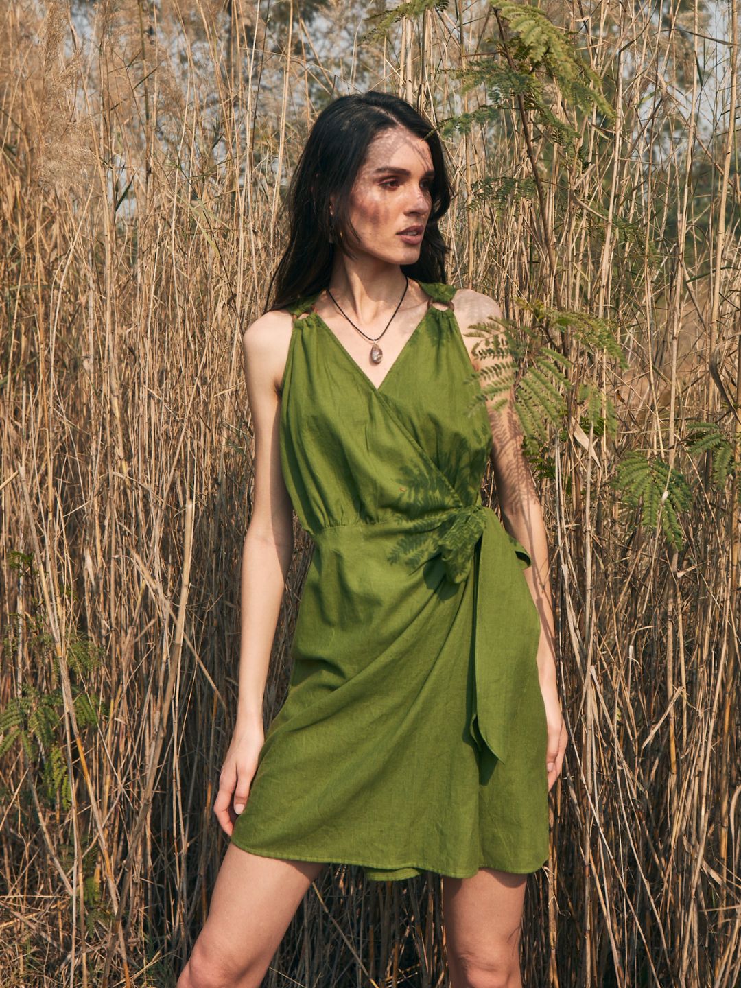 Olive Green Wrap Around Tie-Up Dress