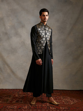 Banarasi zari jacket with paneled anarkali kurta & pants-metallic black