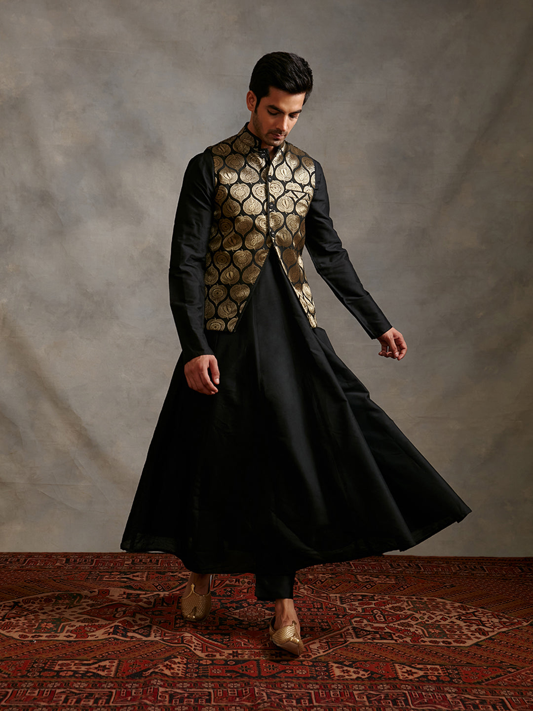 Banarasi zari jacket with paneled anarkali kurta Set - metallic black
