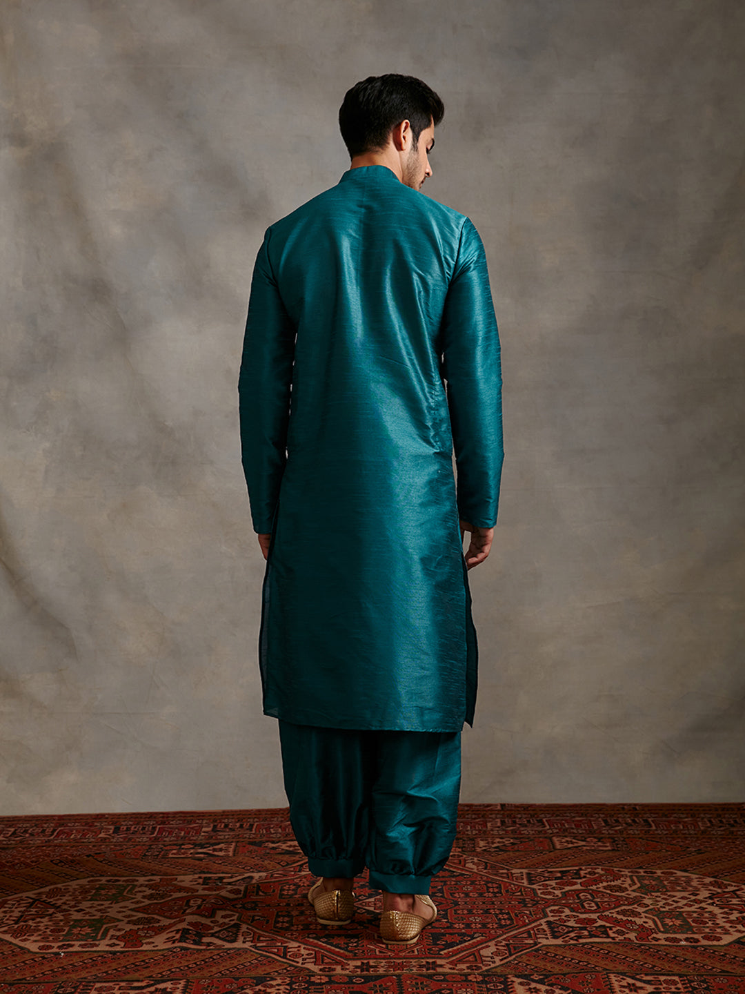 Banarasi Mandarin collar kurta Set-Teal Blue