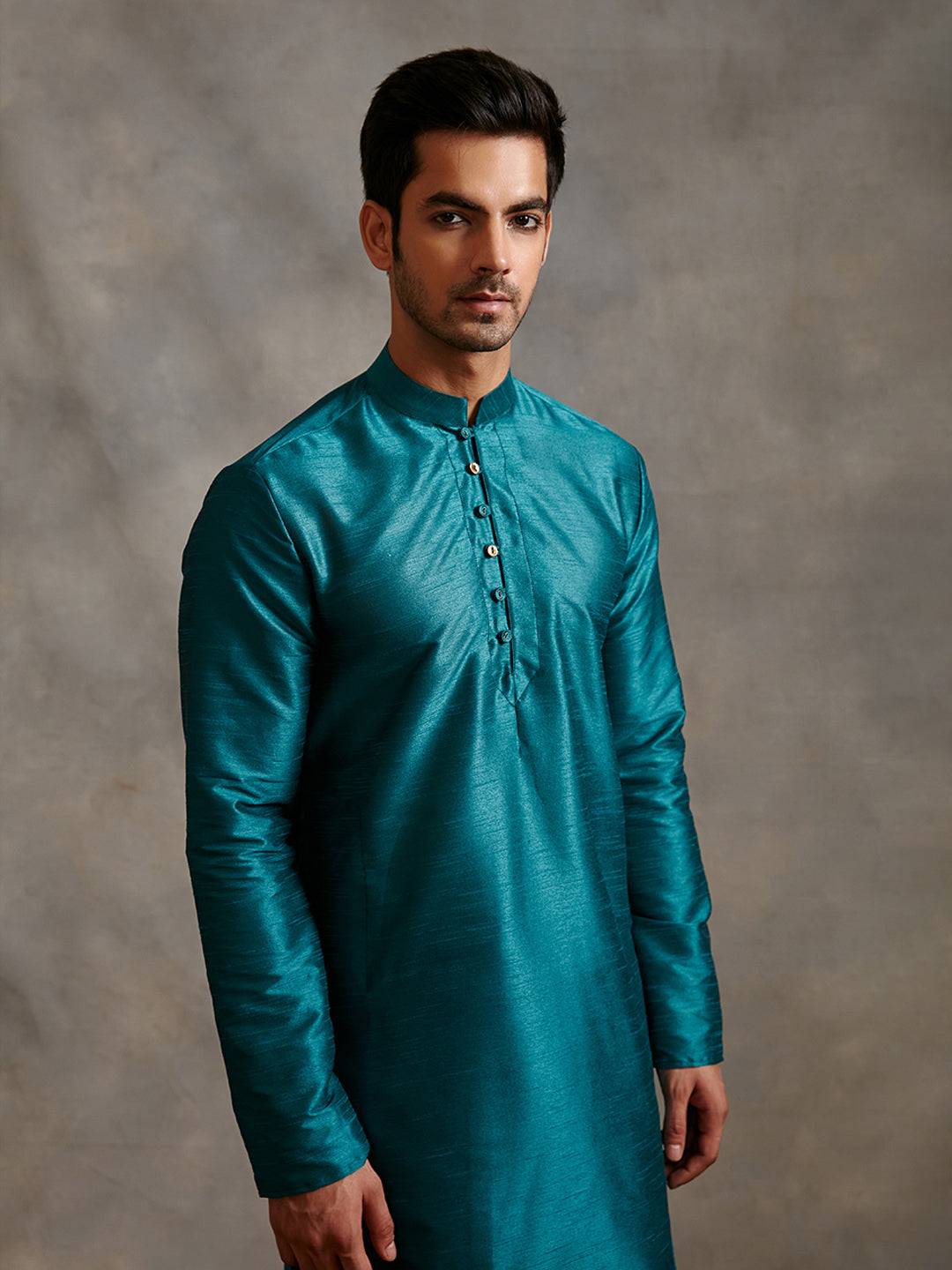 Banarasi Mandarin collar kurta with pathani pants-Teal Blue