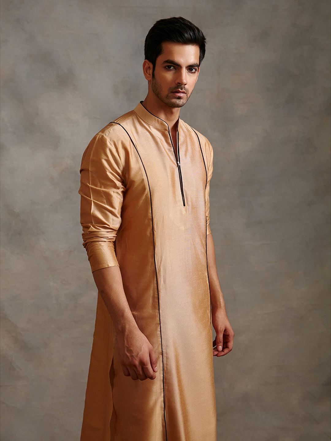 Banarasi straight kurta with contrasting detail- Sand beige