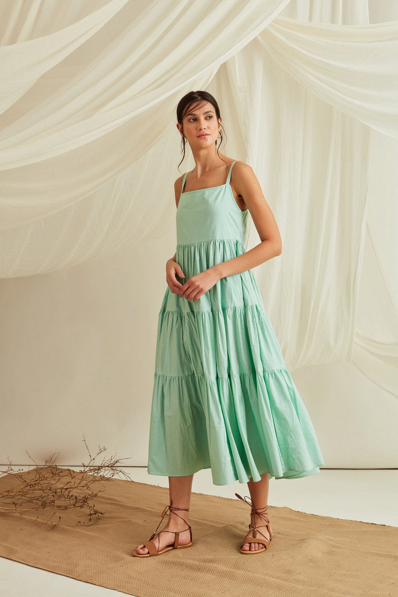 Strappy tiered cotton poplin maxi dress-Mint Green