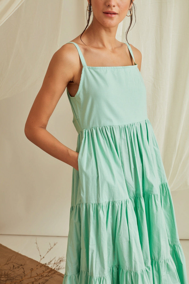 Strappy tiered cotton poplin maxi dress-Mint Green