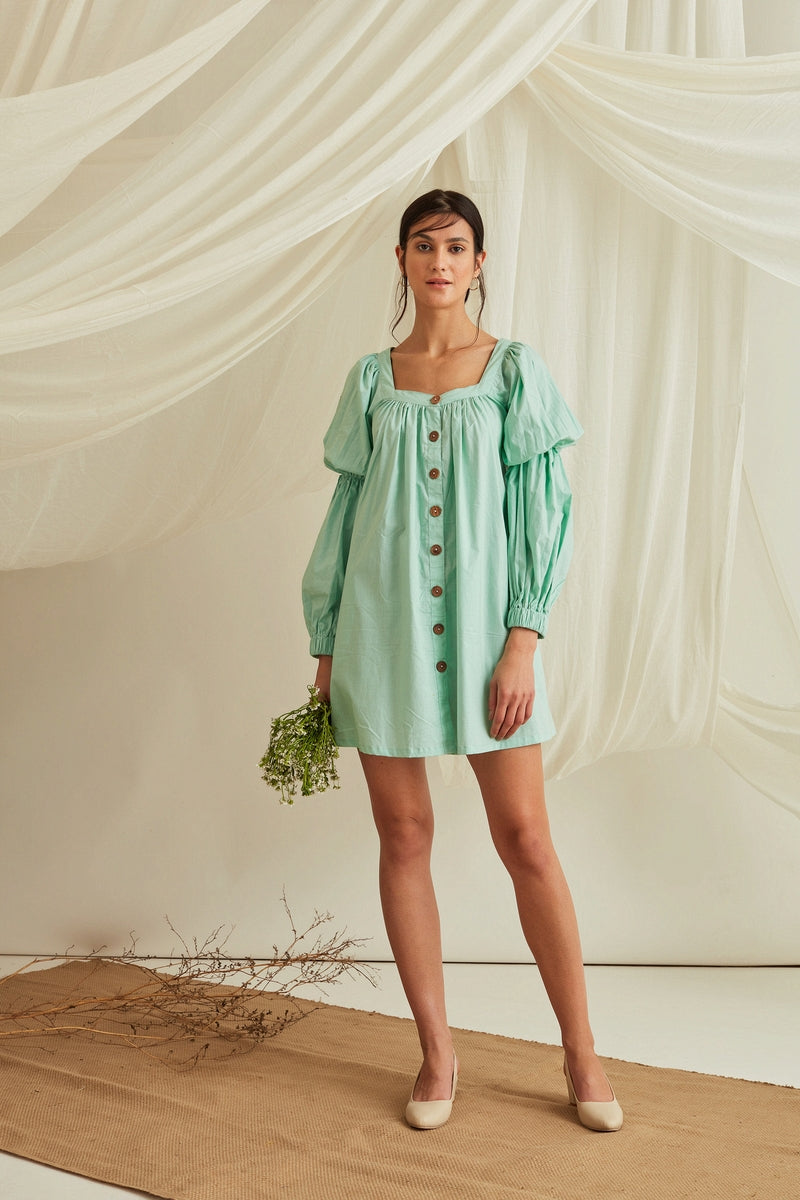 Marie sleeves Button down mini dress-Mint Green