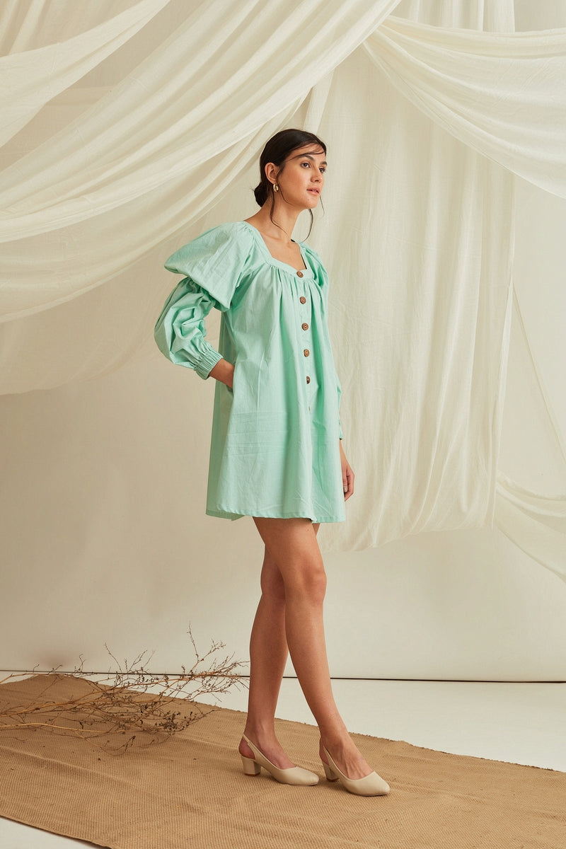 Marie sleeves Button down mini dress-Mint Green