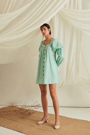Marie sleeves Button down mini dress-Mint Green