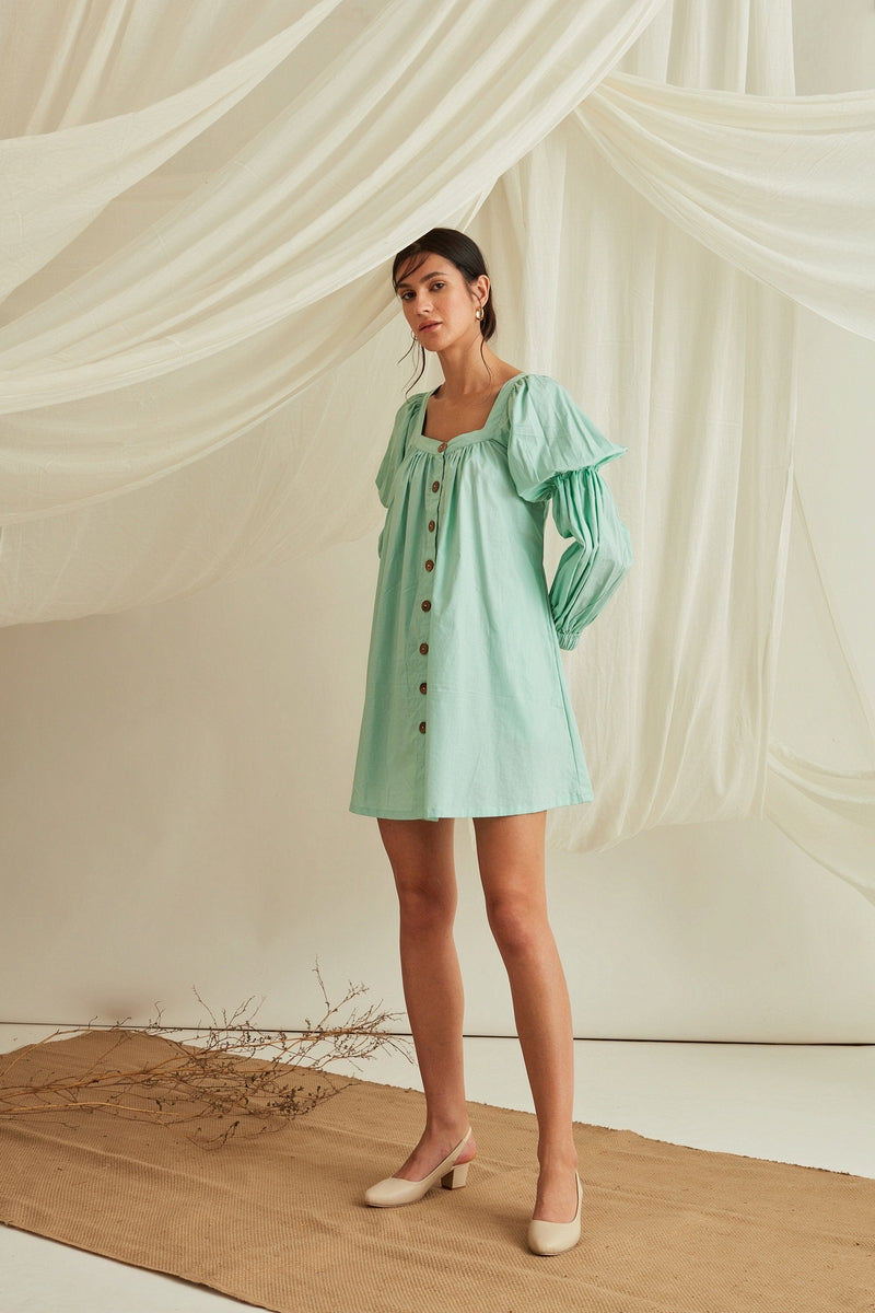 Marie sleeves Button down mini dress-Mint Green
