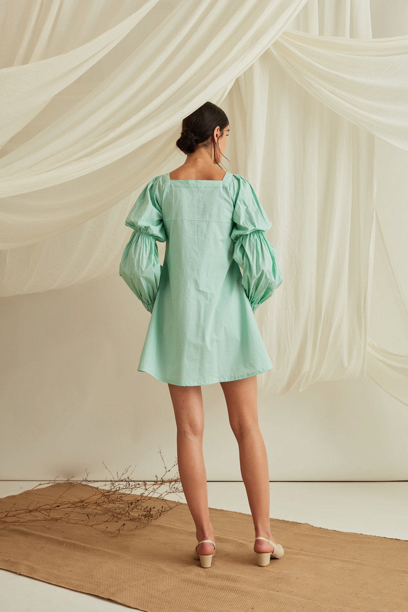 Marie sleeves Button down mini dress-Mint Green