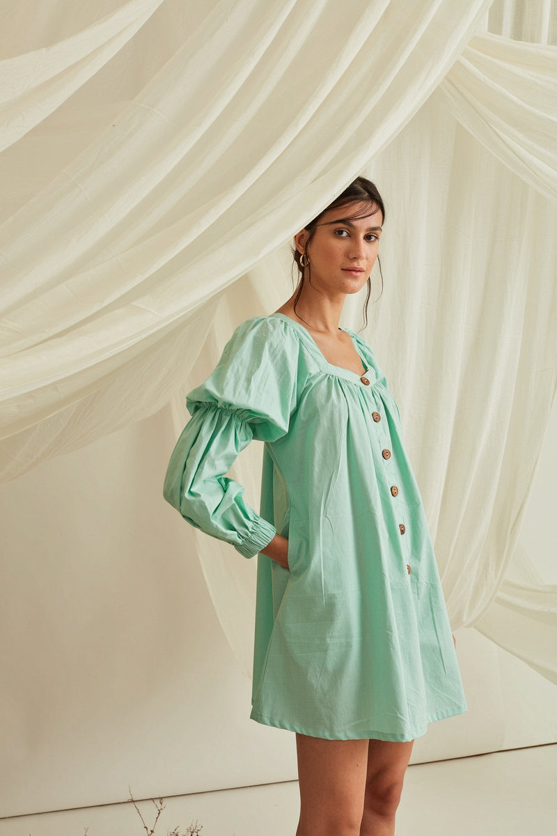 Marie sleeves Button down mini dress-Mint Green