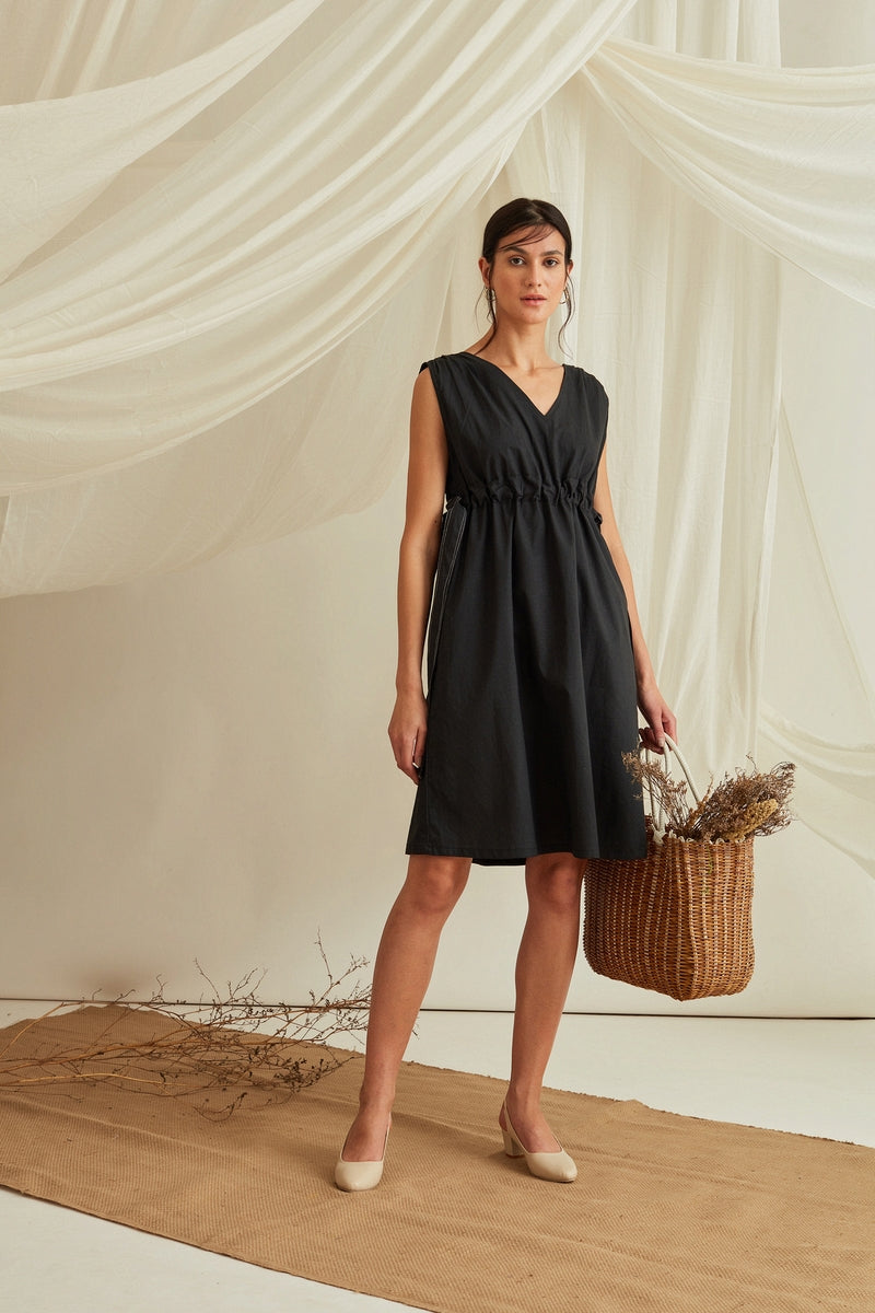 Adjustable tie-up belt cotton poplin dress-Midnight Black