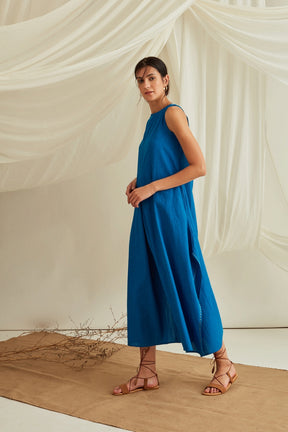 Box pleat side slit jumpsuit-Cobalt Blue