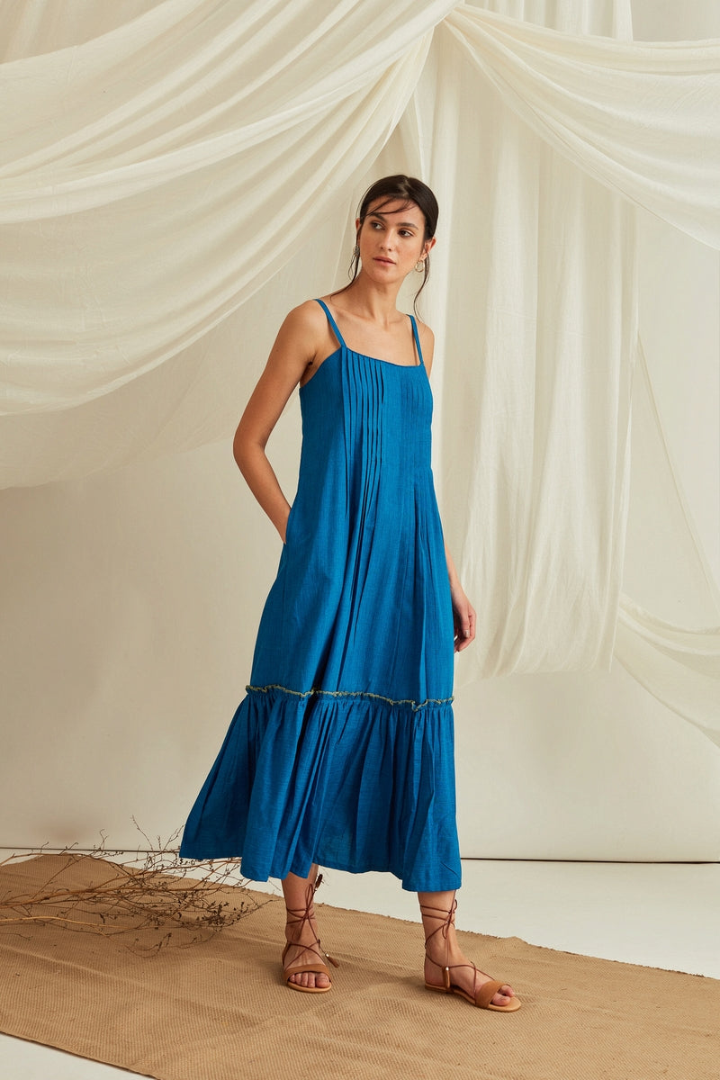 cobalt blue color dress Azurine Cobalt Blue Satin-Feel Midi Dress With Long Sleeves - M