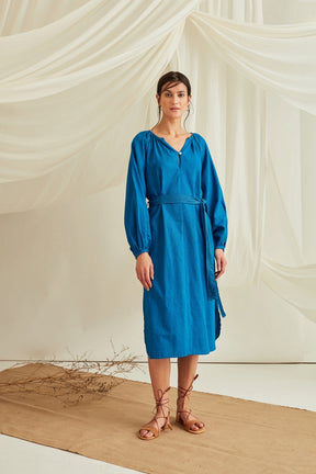 Gathered raglan sleeves midi dress with belt-Cobalt Blue