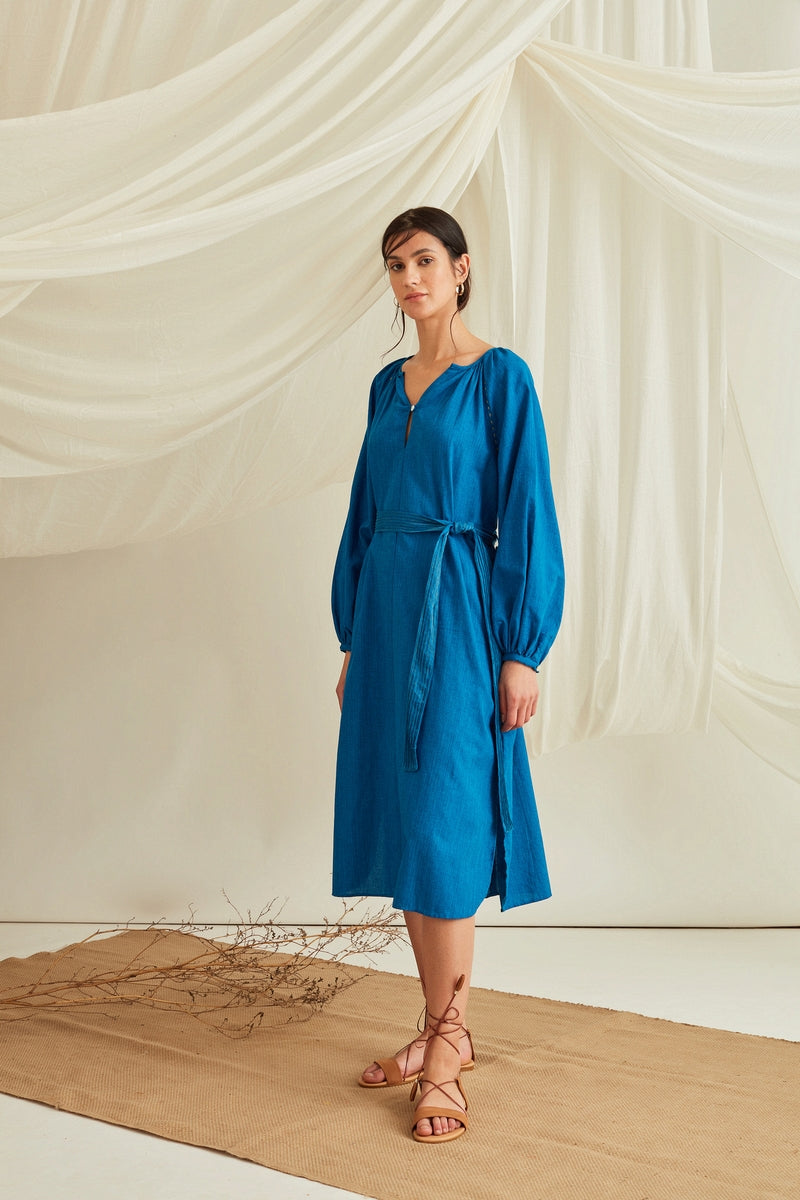 Gathered raglan sleeves midi dress with belt Cobalt Blue