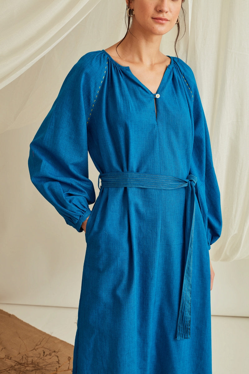 Gathered raglan sleeves midi dress with belt-Cobalt Blue