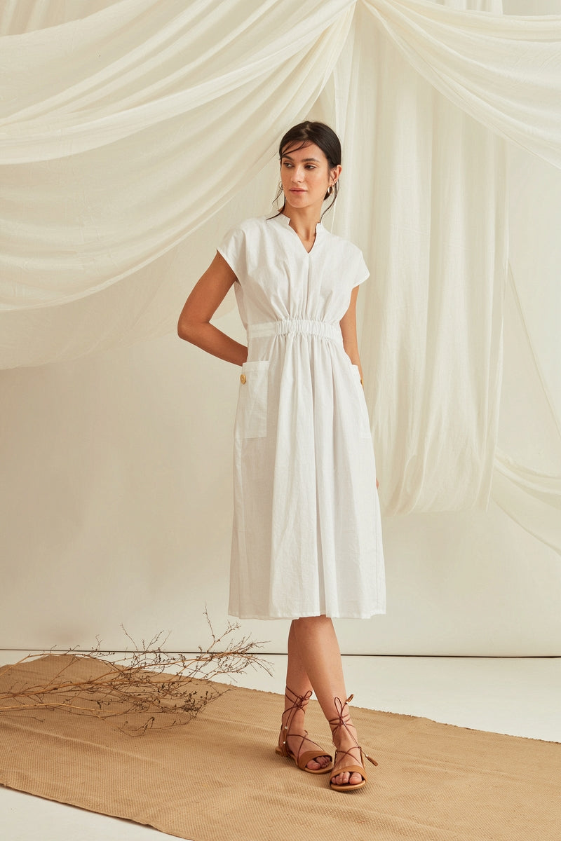 Drop shoulder elasticated waist midi dress-Marshmallow White