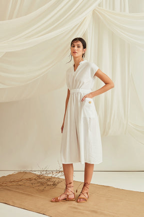 Drop shoulder elasticated waist midi dress-Marshmallow White