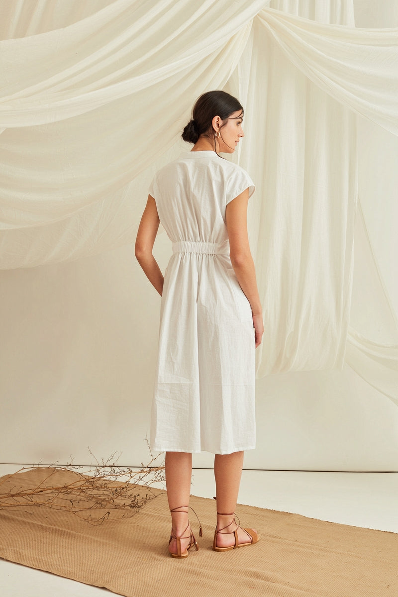 Drop shoulder elasticated waist midi dress-Marshmallow White