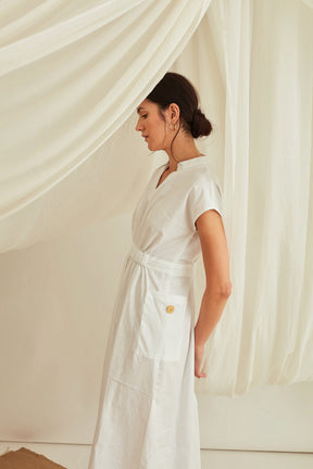 Drop shoulder elasticated waist midi dress-Marshmallow White
