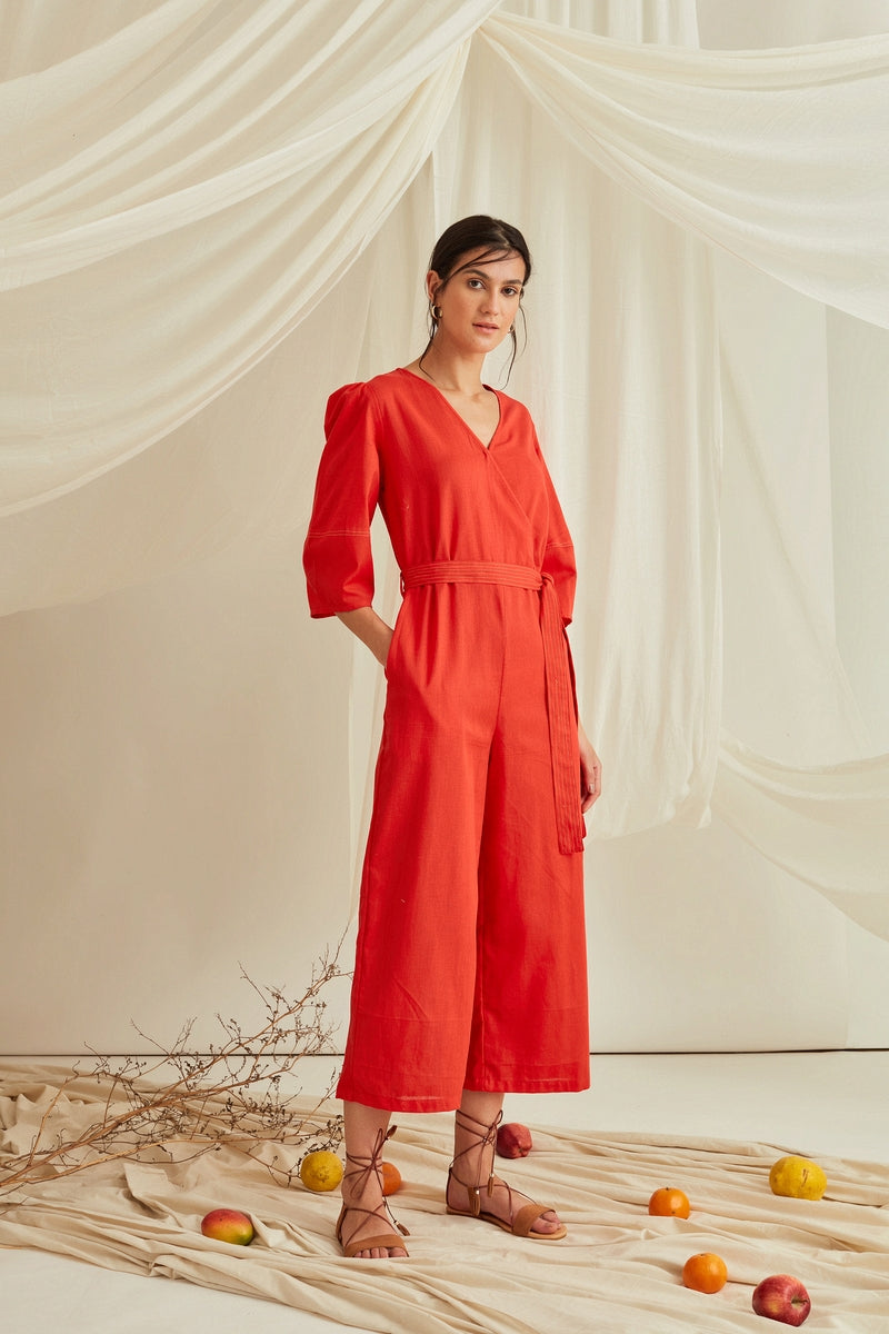 Overlapped neckline lantern sleeves belted jumpsuit-Ruby Woo