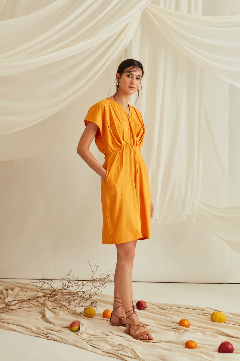 Overlapping pleated front mini dress-Oriole Orange