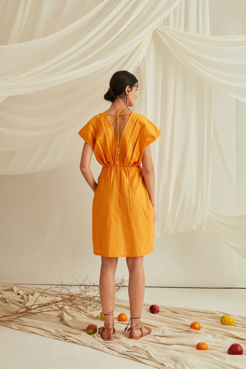 Overlapping pleated front mini dress-Oriole Orange