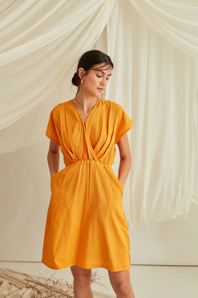Overlapping pleated front mini dress-Oriole Orange