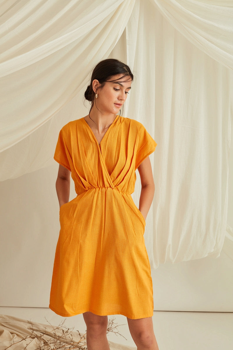 Overlapping pleated front mini dress-Oriole Orange