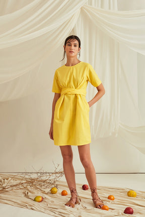 Cross tie-up cotton poplin shift dress-Sunshine Yellow