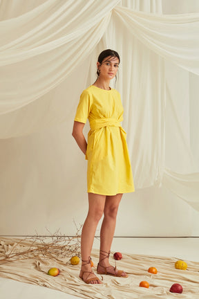 Cross tie-up cotton poplin shift dress-Sunshine Yellow