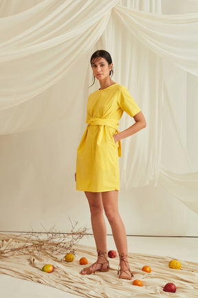 Cross tie-up cotton poplin shift dress-Sunshine Yellow