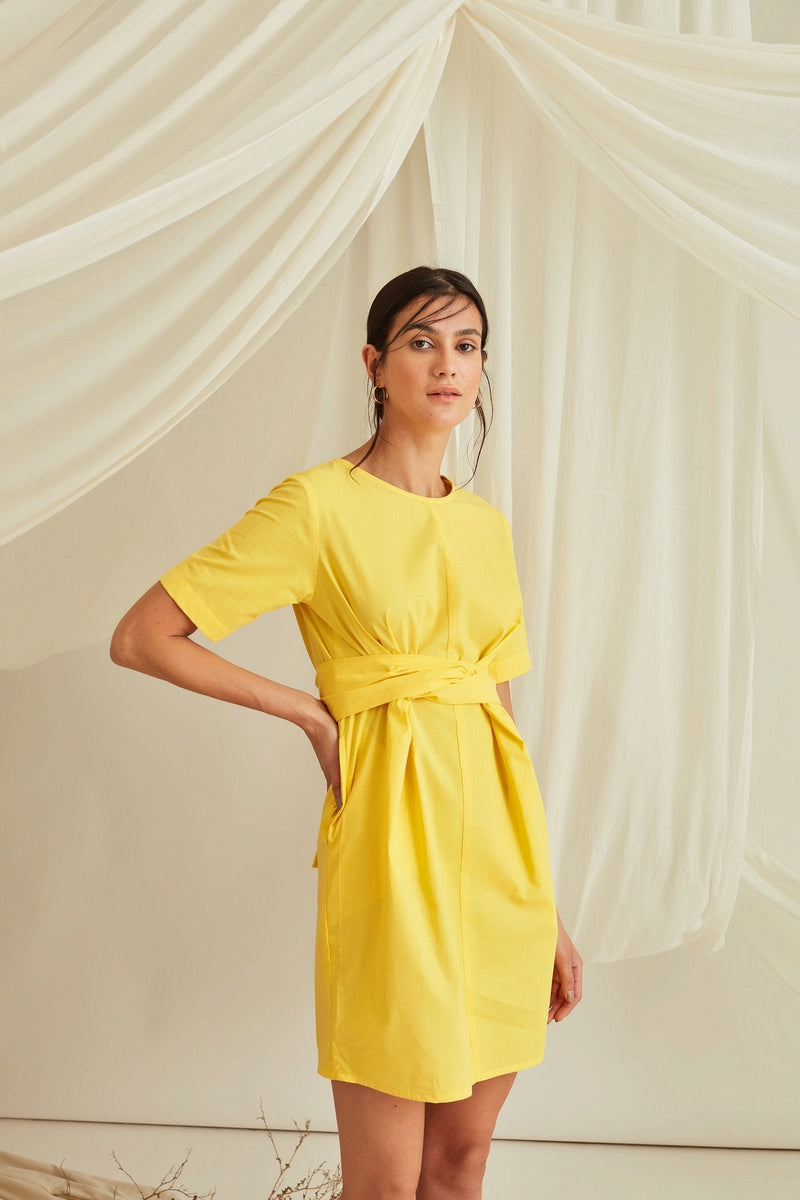 Cross tie-up cotton poplin shift dress-Sunshine Yellow