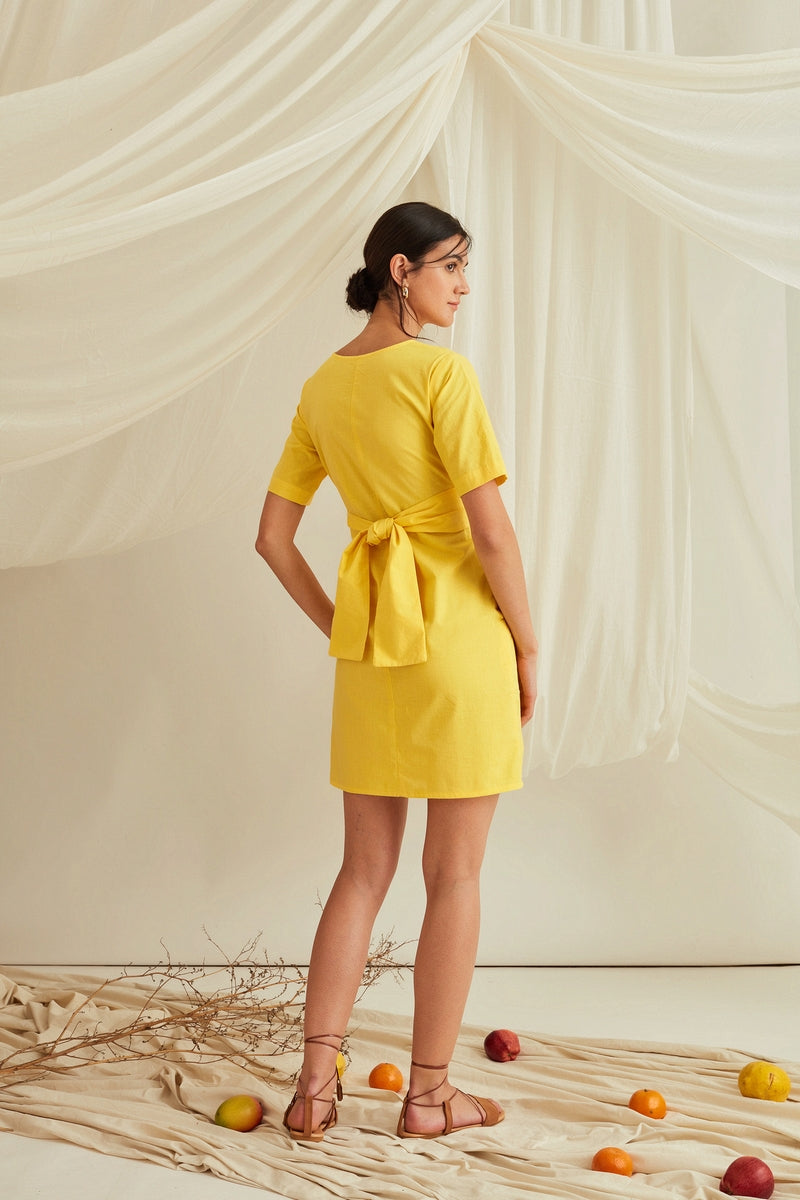 Cross tie-up cotton poplin shift dress-Sunshine Yellow